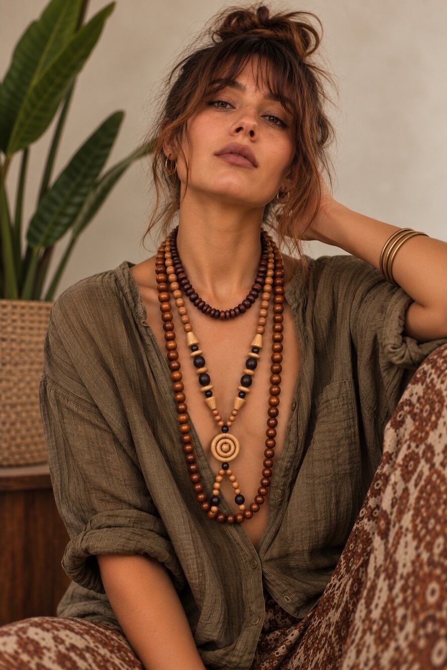 Curated 3-Piece Layered Wood Bead Necklace Set Lagenlook Artisan Jewelry